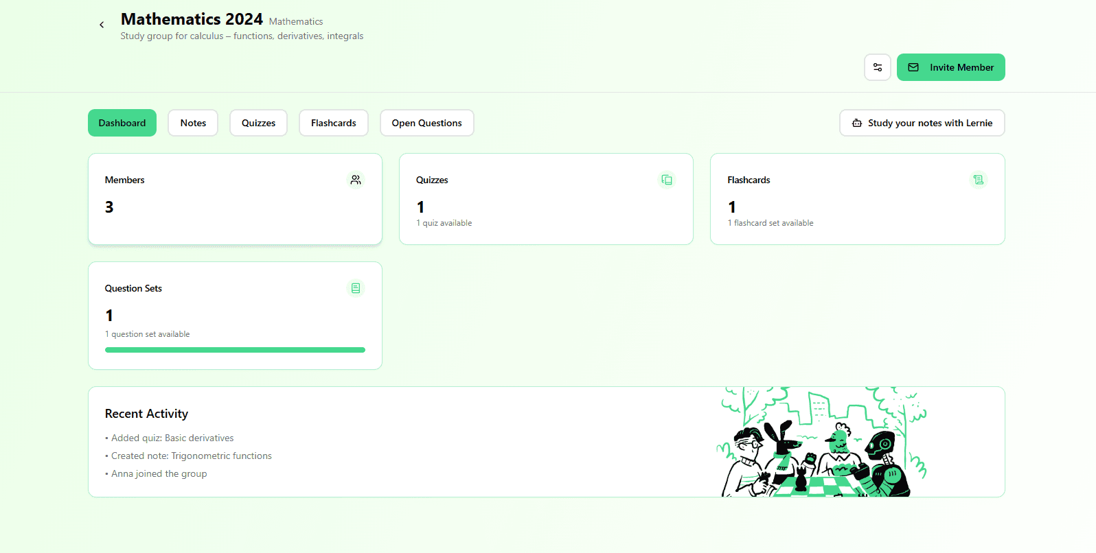 Dashboard grupy Groupnote z modułami i aktywnością
