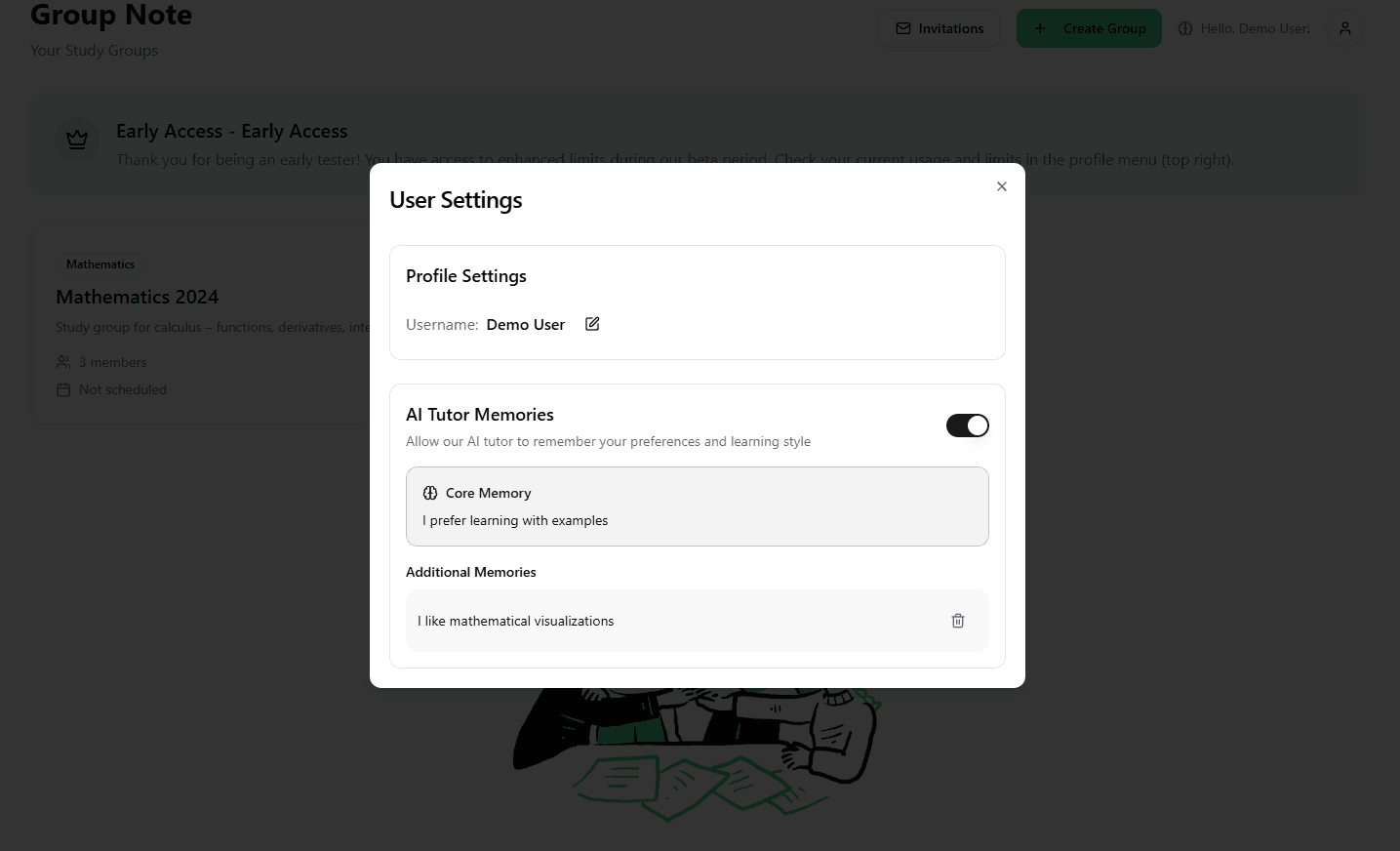 Panel ustawień z AI Tutor Memories