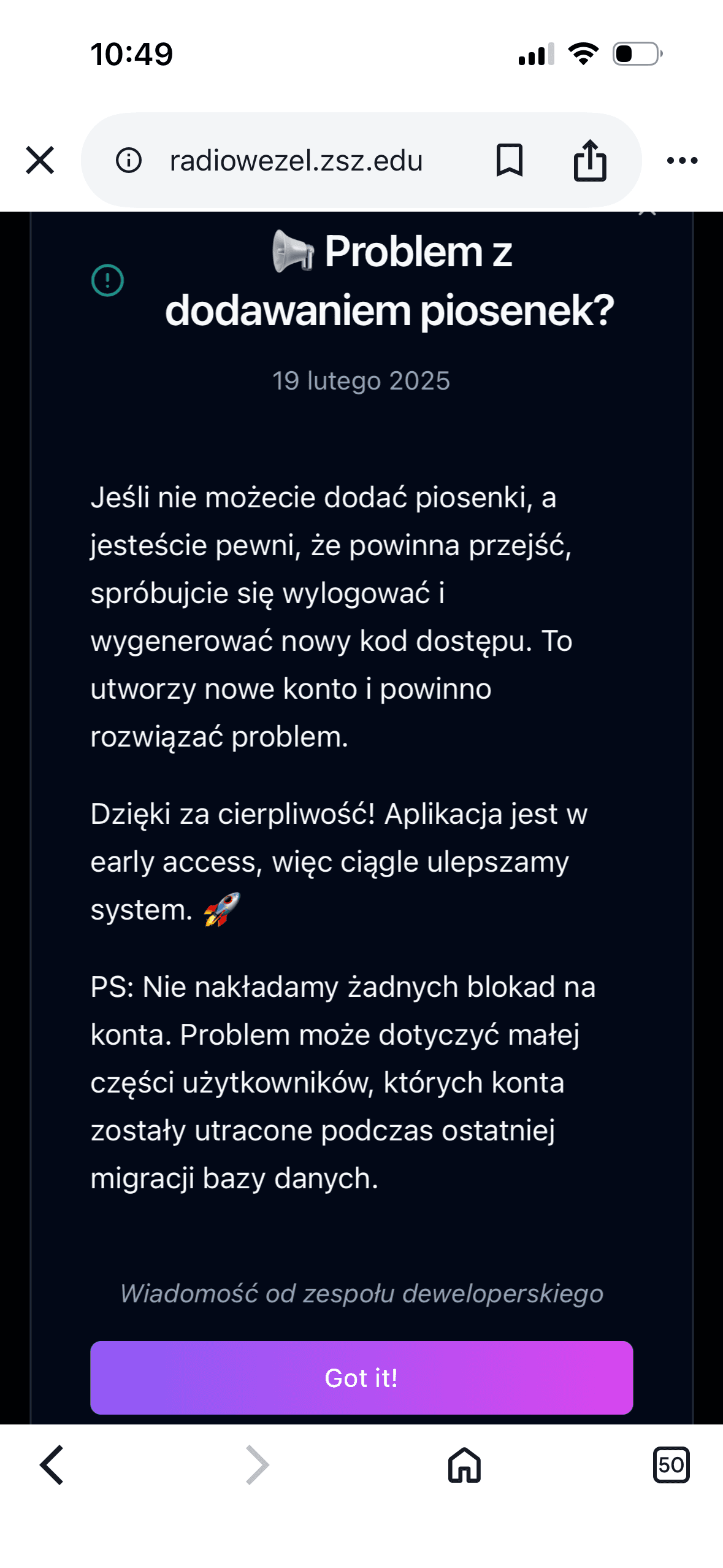 Modal ogłoszenia deweloperskiego w Radiowęzeł - problem z dodawaniem piosenek, data, instrukcja wylogowania i nowego kodu, PS o migracji bazy