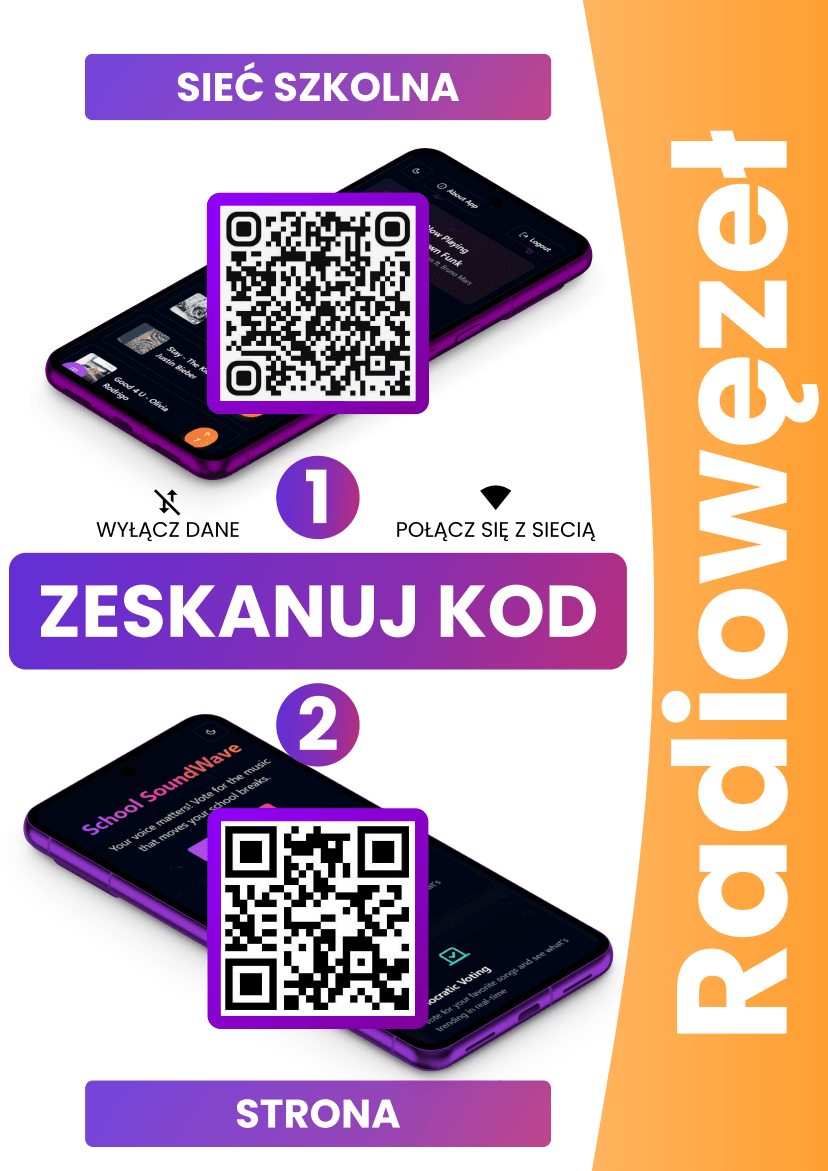 Plakat Radiowęzeł - kroki: wyłącz dane mobilne, połącz z siecią szkolną, zeskanuj QR do aplikacji School SoundWave