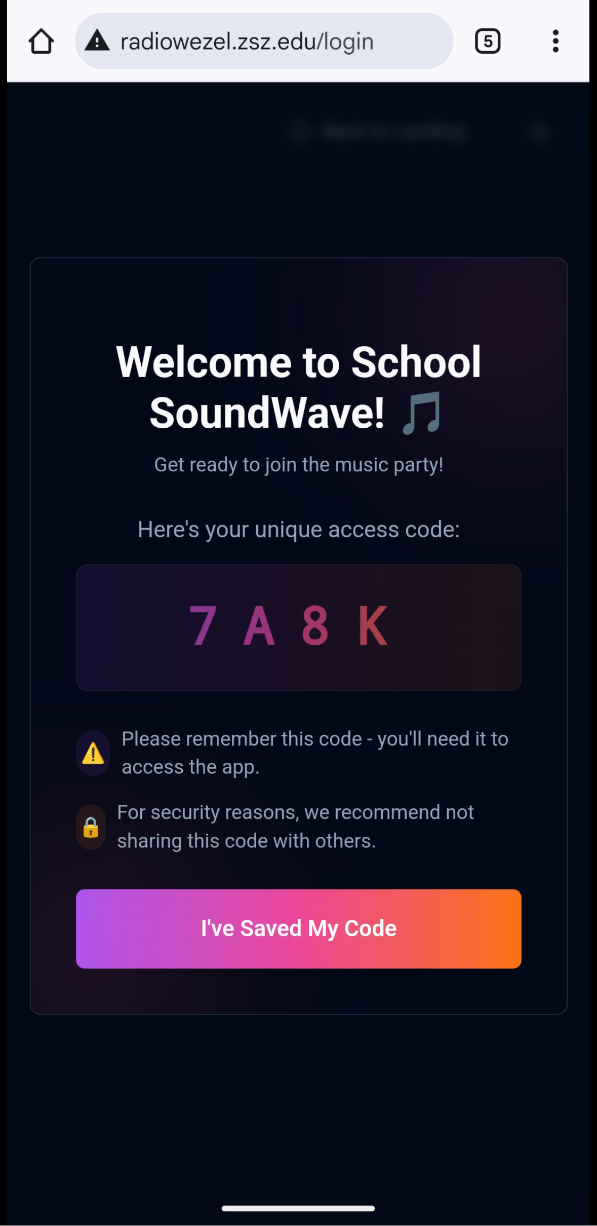 Ekran z unikalnym kodem dostępu School SoundWave